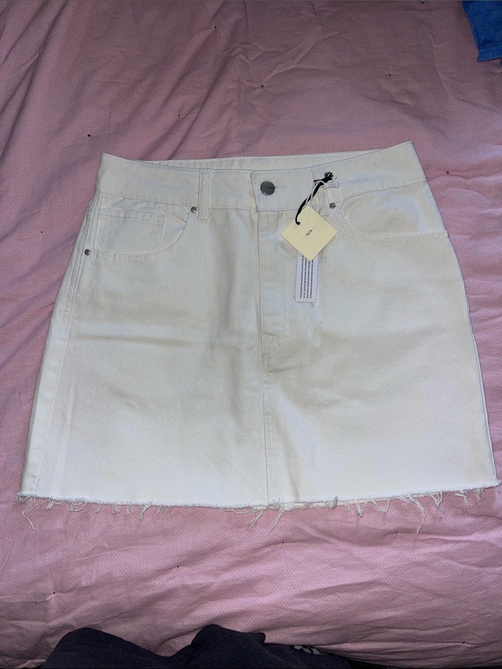 White Denim Mini Skirt with Frayed Hem
